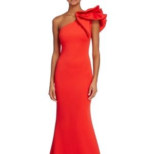 Betsy & Adam Ruffle Shoulder Scuba Crepe Gown